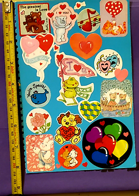 #ad VINTAGE 1 STICKER BOOK PAGE BOTH SIDES 80s 90s RARE HEARTS MUSIC ANIMALS HTF $8.00