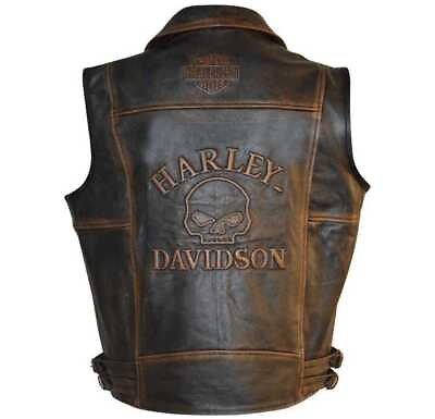 #ad #ad Harley Davidson Men#x27;s Motorcycle Knuckle Distressed Biker Genuine leather Vest $95.00