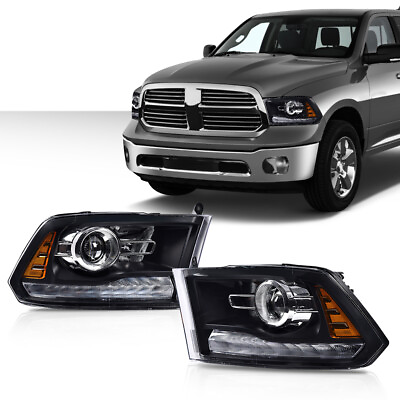 #ad #ad Fit For 2009 2018 Ram 1500 2500 3500 Amber Black Projector Headlights w LED DRL $146.90