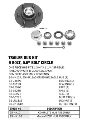 #ad 95 HK12 Trailer Hub Kit 6 x 5.5 Bolt Complete Hub Assembly $59.95