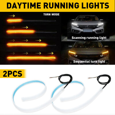 #ad 2pc 60CM White Amber Sequential Flexible LED DRL Turn Signal Strip for Headlight $12.34