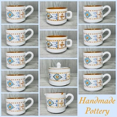 #ad Hand made artist studio pottery cups suger bowl creamer coffee mugs boho $150.00