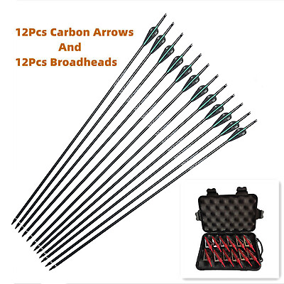 12pcs 28quot; Carbon Arrows Spine 400 12Pcs BroadheadsCompound Recurve Bow Case $36.99