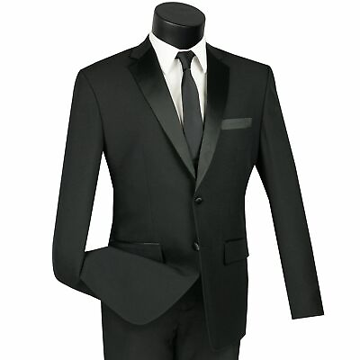 #ad LUCCI Men#x27;s Black Slim Fit Formal Tuxedo Suit w Sateen Lapel amp; Trim NEW $80.00