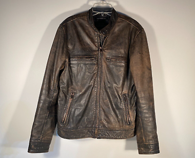 #ad Lucky Brand Bonneville Handcrafted Black Lightly Distressed Leather Jacket Men S $149.99