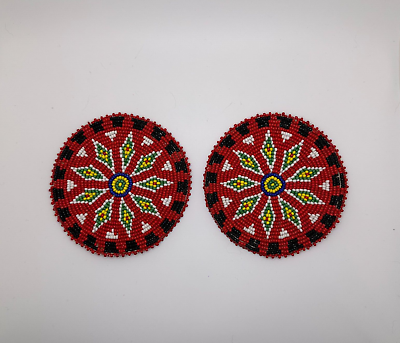 #ad Beaded Rosettes 5 Inch Diamond Pattern Red and Black With Leather Back Set of 2 $11.26