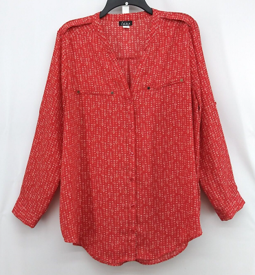 #ad Simply Emma Shirt Womens Size 1X Red Roll Tab Long Sleeve Button Up Blouse Top $12.00