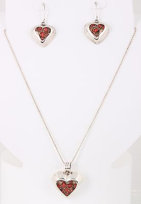 #ad 950 SILVER RED BEADS IN HEART PENDANT NECKLACE amp; EARRINGS JEWELRY SET FINE 4674B $60.00