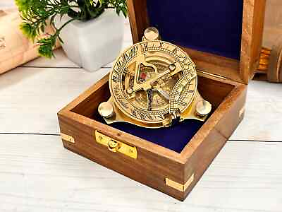 #ad Solid Brass Antique Sundial Compass Handmade With Wooden Box Maritime Decor Gift $31.50