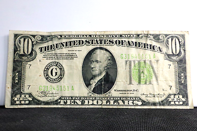 #ad 1934 $10 Federal Reserve Note Chicago Lime Green $20.00