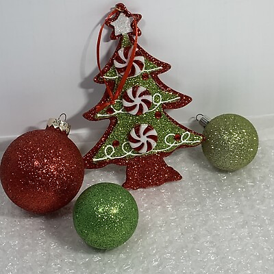 #ad 4 Piece Lot Glitter Christmas Ornaments Peppermint Tree Red Green Balls $9.95