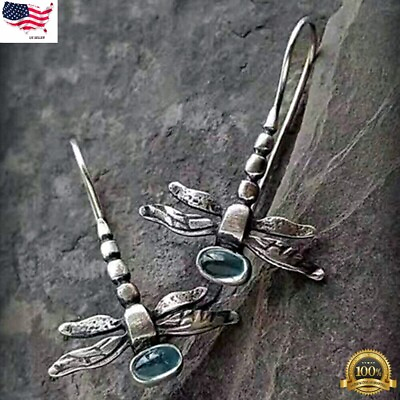 #ad 925 Silver Plated Dragonfly Moonstone Hook Dangle Earrings Jewelry Simulated $3.77
