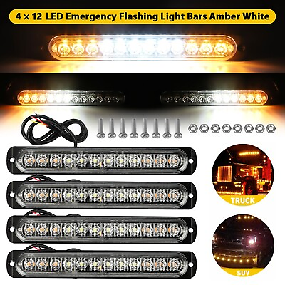 #ad 4PCS Amber White 12 LED Car Truck Strobe Light Bar Flashing Warning Hazard Lamps $19.48