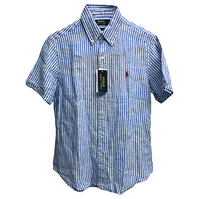 #ad Polo Ralph Lauren Classic Fit 100% Linen Blue Stripe Short Sleeve Shirt $110 $62.04