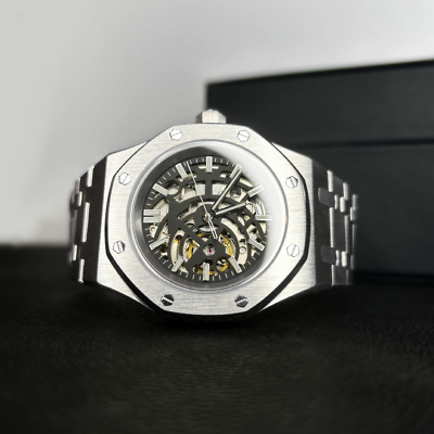 #ad Custom Silver Royal Oak Skeleton Mod Watch Sapphire Crystal w Nh70 Automatic $219.00