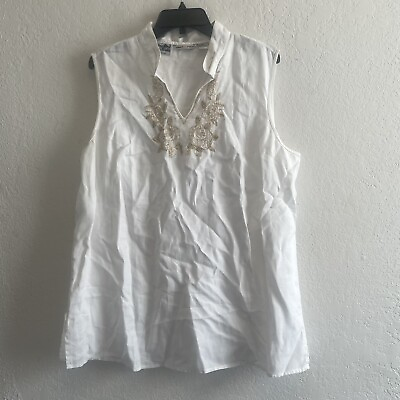 #ad Edward Woman Plus Size 2X White 100% Irish Linen Embroidered Sleeveless Top $17.49