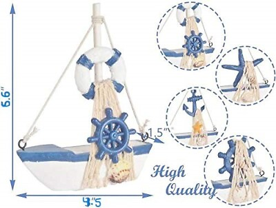 #ad Small SET Wooden Nautical Decor Sail Boat White Navy Blue Life Saver Boat Wheel $16.99