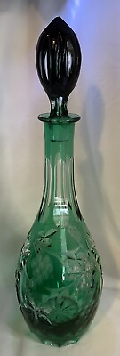 #ad Vtg Beautiful Bohemian Dresden 24% Lead Crystal Decanter Hand Cut Green To Clear $198.00
