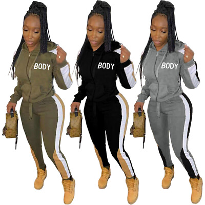#ad Hot Sale Sport Women Long Sleeves Hooded Color Patchwork Casual Outfits 2pcs $43.15