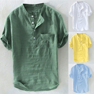 #ad Mens Linen Cotton Short Sleeve Button Up Shirts Chest Pocket Blouse Tops Shirt❤ $7.68