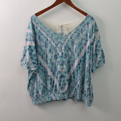 #ad Lys Dolman Top Blouse Teal Pink Floral Lace Back V Neck Womens 2X $5.98