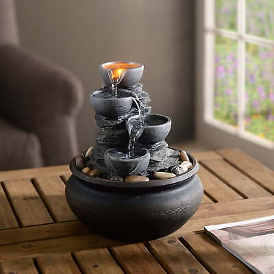 #ad Indoor Outdoor Tabletop Waterfall Fountain with LED Light Stone Gray $29.99