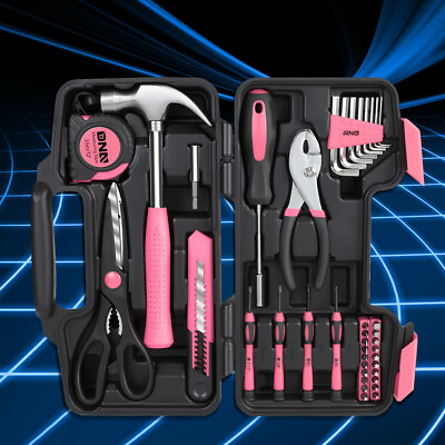 #ad Pink Portable Household Toolbox 39 Piece General Home Repair Hand Tool Package $19.99