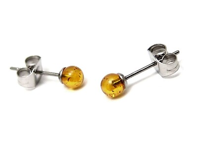 #ad Yellow Amber Ball Stud Earrings Hypoallergenic Surgical Steel 4mm SMALL $9.59