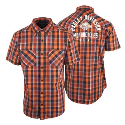 Harley Davidson Men#x27;s Orange Black Plaid MKE S S Woven Shirt S45 $40.00