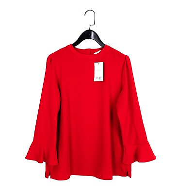 #ad NEXT Bright Red Fluted Sleeve Crew Neck Blouse Size 10 NEW GBP 15.00