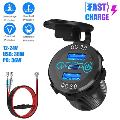 #ad USB Car Charger Dual QC3.0 PD Type C Triple Charging Port Outlet Socket For 12V $10.98