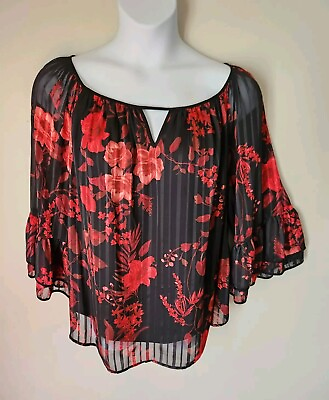 #ad AGB Woman Floral Sheer Line Floral Striped Top 1X $12.99