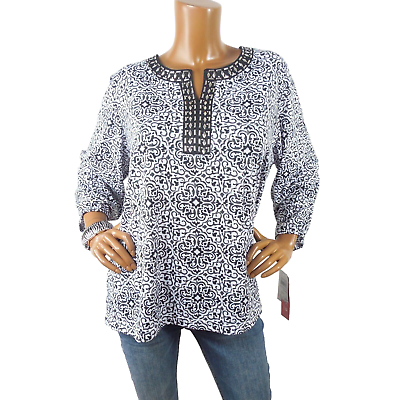 #ad Cathy Daniels Top 2XL New Print Blouse White Black Gray Silver Studs Stretch $22.97