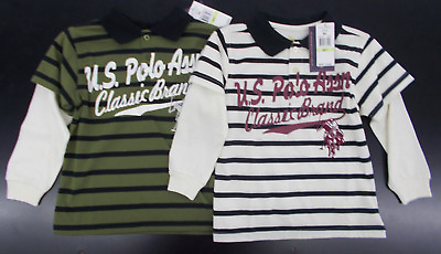 #ad Boys U.S. Polo $30 Green or Cream Long Sleeved Striped Shirts Size 4 7X $12.00