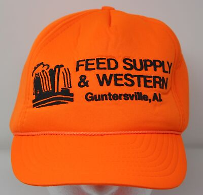 #ad Vintage 1980s Feed Supply amp; Western Gunsterville Alabama Snapback Cap Orange Hat $13.34