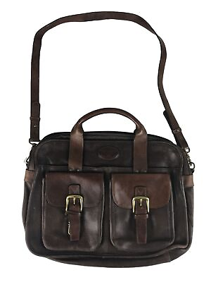 #ad Fossil Unisex Brown Leather Dividers Detachable Strap Double Handles Laptop Bag $45.49