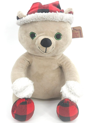 #ad Dearfoams Huggable Plush Beige Teddy Bear Buffalo Plaid Hat Feet Sewn Eyes New $27.97