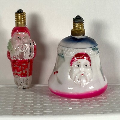 #ad 2 Vintage Figural Christmas Light Bulbs Glass Painted Santas Bell Untested $25.00