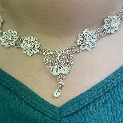 #ad Silver HANDMADE Greek Floral Motif Necklace Artisan Sterling 16.5#x27;#x27; $199.00