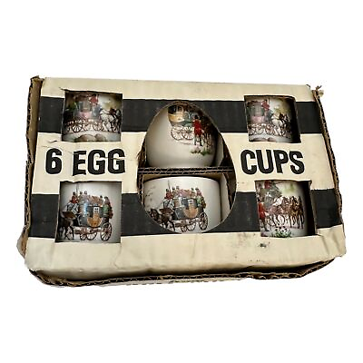 #ad Churchill Egg Cups China British Coach Scenes Set 6 Original Box Vintage England $61.95
