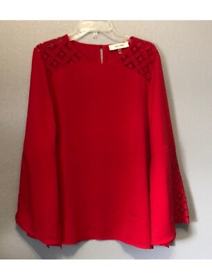 #ad Jones Studio blouse Women#x27;s 2X red long flowy sleeve lace detailing top EUC $18.00