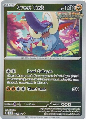 #ad Pokemon Great Tusk 097 162 Reverse Holo Temporal Forces NM M $1.45