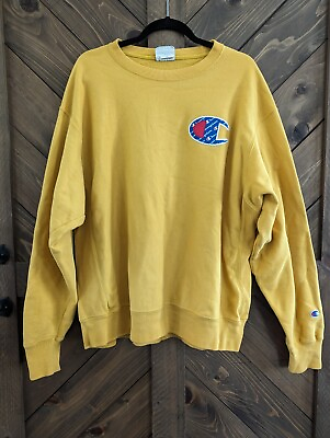 #ad Champion Sweatshirt Mens XL Yellow Reverse Weave Embroidered Big Logo Vintage $29.98