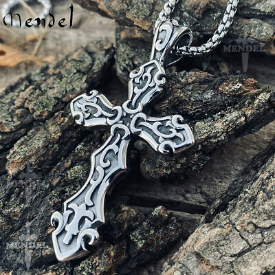 #ad MENDEL Mens Big Large Stainless Steel Gothic Cross Pendant Necklace For Men Boys $11.99
