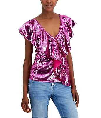 #ad INC International Concepts Womens Purple Sequin Flutter Sleeve V Neck Top M B21 $19.99