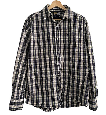 #ad Southpole Men#x27;s Long Sleeve Button Down Shirt Plaid Blue White Yellow Size Med $12.00