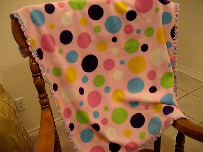 #ad Handmade Fleece Pink Baby Blanket With Crochet Ruffle Pastel Polka Dots Girls $22.95