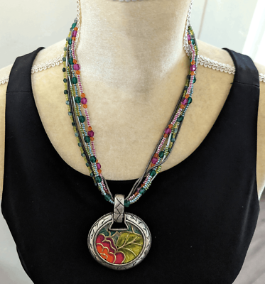 #ad Chico#x27;s 6 strand seed bead necklace 2quot; colorful pendant enamel $11.20