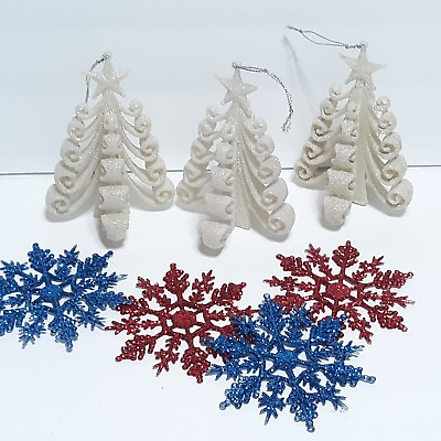 #ad Set of 7 Glitter Christmas Ornaments Trees Snowflakes Red White Blue Holiday $9.49
