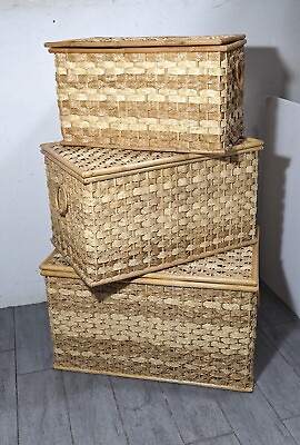 #ad Vintage Set of 3 Woven Wicker Cane Storage Chest Trunk Basket Box Lid Boho Chic $270.00